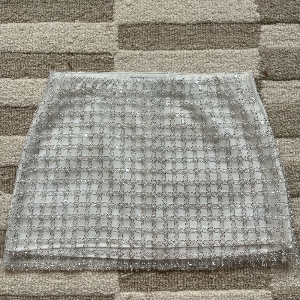 Zara White & Silver Beaded Mini Skirt